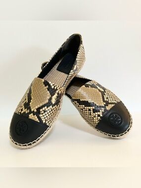 Tory Burch Luxury Flats Color Block Espadrilles Black and Tan Snake Print Size 8